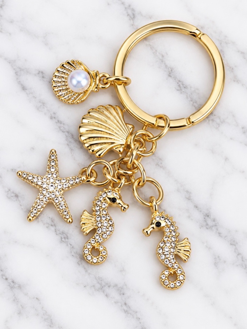Bag Charm/Keyring-Gold Plated Sea Charm Keychain - Seahorses & Shells